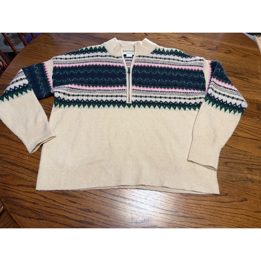 Natural Reflections Womens Large Fair Isle Quarter Zip Sweater Cream Green Pink